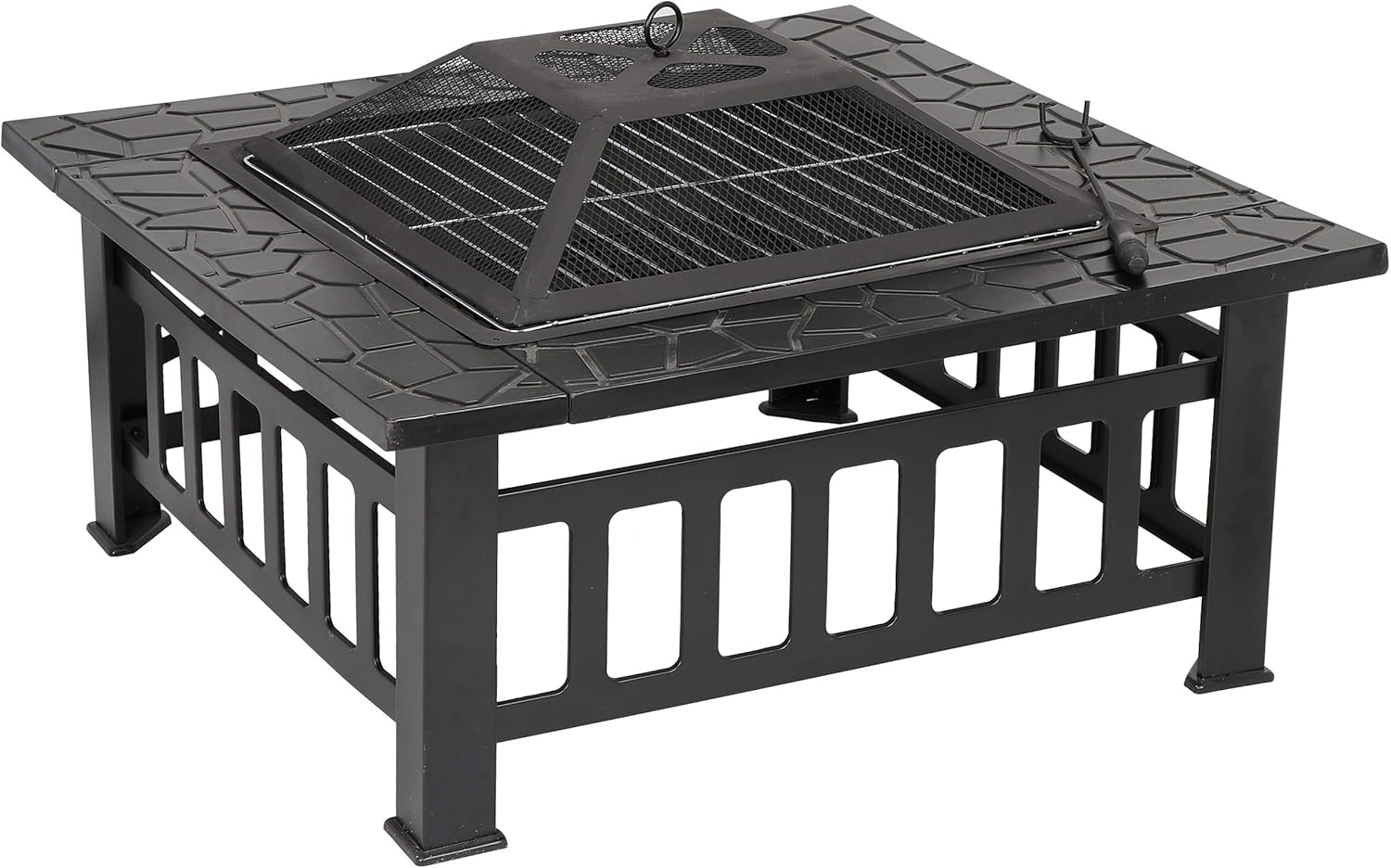 JungleA 32 Inch Outdoor Metal Fire Pit Square Table BBQ Fire Pit Burning Backyard Patio Garden Stove W/Rain Cover, Faux-Stone Finish