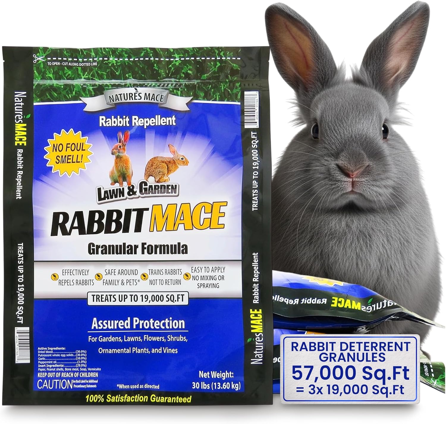 Nature's Mace Rabbit MACE Granules, 90 Pounds, Treats 57,000 sq ft, Rabbit Repellent Granular, Outdoor Deterrent for Garden, Landscape Protection, Safe to Use Around Pets, People, & Plants