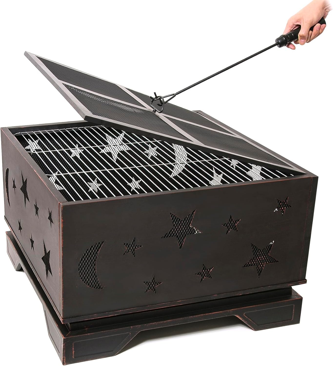 Outdoor Fire Pit Square Wood Burning Stove, 26-Inch Backyard Outside Firepit with Grill Grate, Metal Stove for Patio, Garden, Camping, Picnic Bonfires