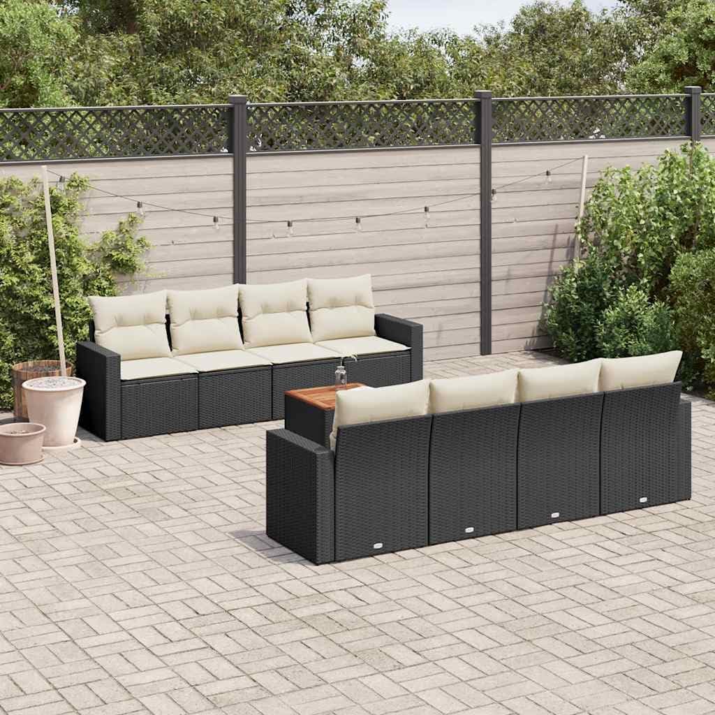 9-Piece Garden Sofa Set Black Poly Rattan, Cream Cushions, Modular Outdoor Patio Furniture, Weather-Resistant Steel Frame, Seats 8 People