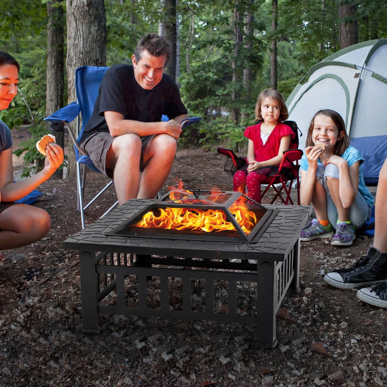 Square Metal Fire Pit Table with BBQ Charcoal Rack, Poker & Mesh Cover – Outdoor Wood Burning Fireplace for Patio, Garden, Camping, Picnics & Backyard Bonfires