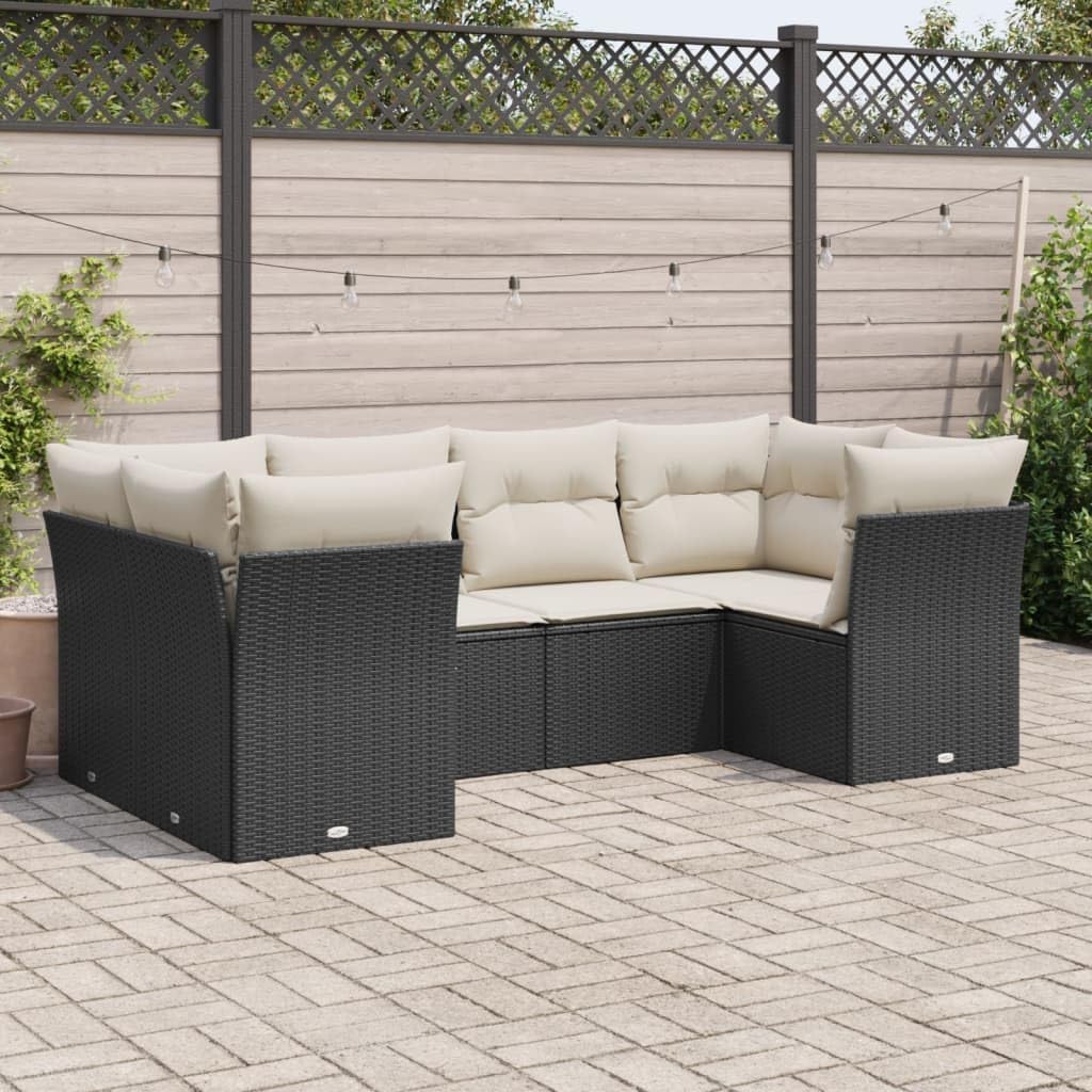 6-Piece Garden Sofa Set Black and Cream Outdoor Furniture, Modular Patio Seating with Weather-Resistant Poly Rattan and Powder-Coated Steel Frame, UV-Resistant Cushions,