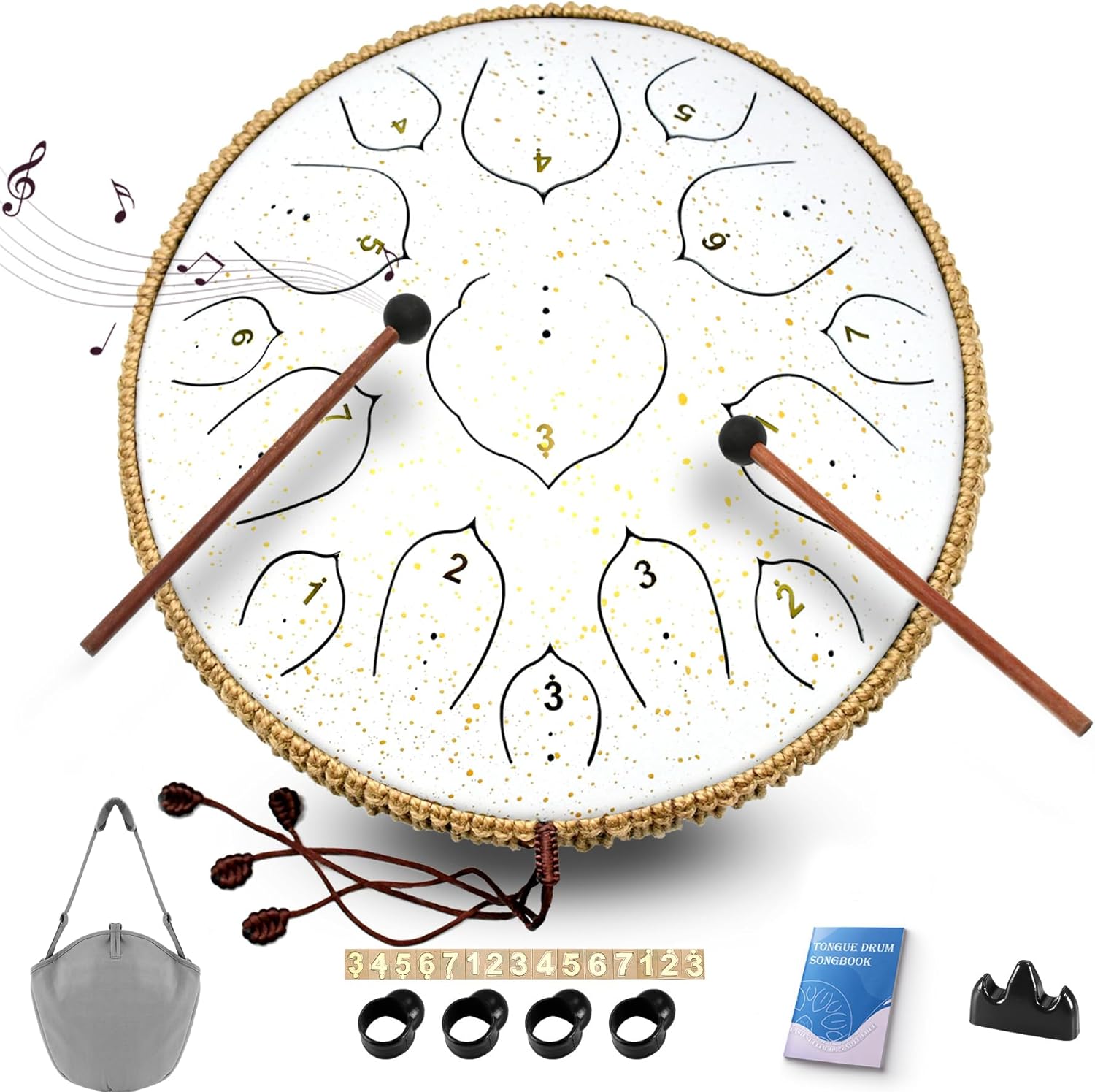 Steel Tongue Drum - 14 Inch Tongue Drum Instrument - 15 Notes Hand Pan Drums with Music Book, Handpan Drums Instrument Mallets and Carry Bag, D Major White