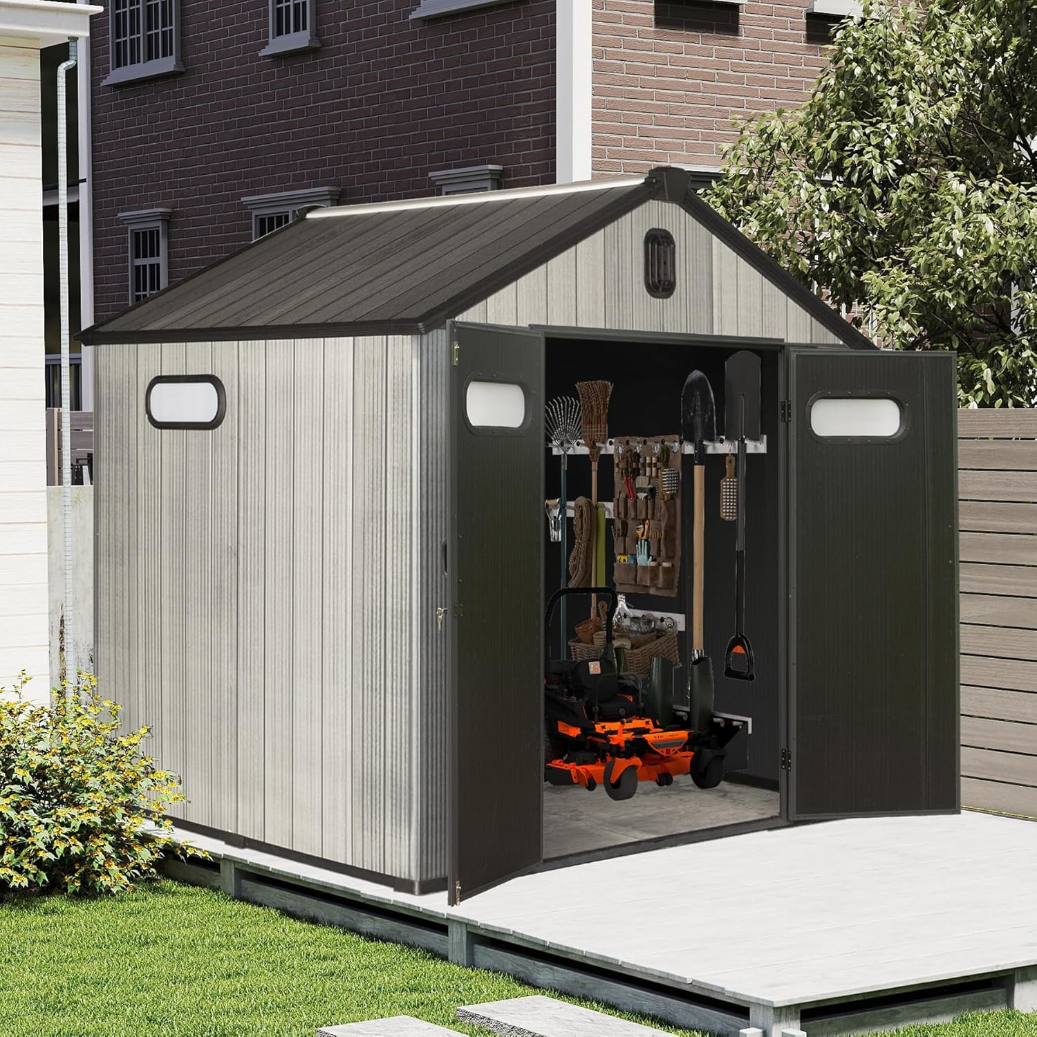 8 x 6 FT Outdoor Storage Shed Heavy-Duty Waterproof Resin Garden Shed with Lockable Door, Windows & Vents, Outside Plastic Tool Sheds for Patio Furniture, Lawn Mower, Bike