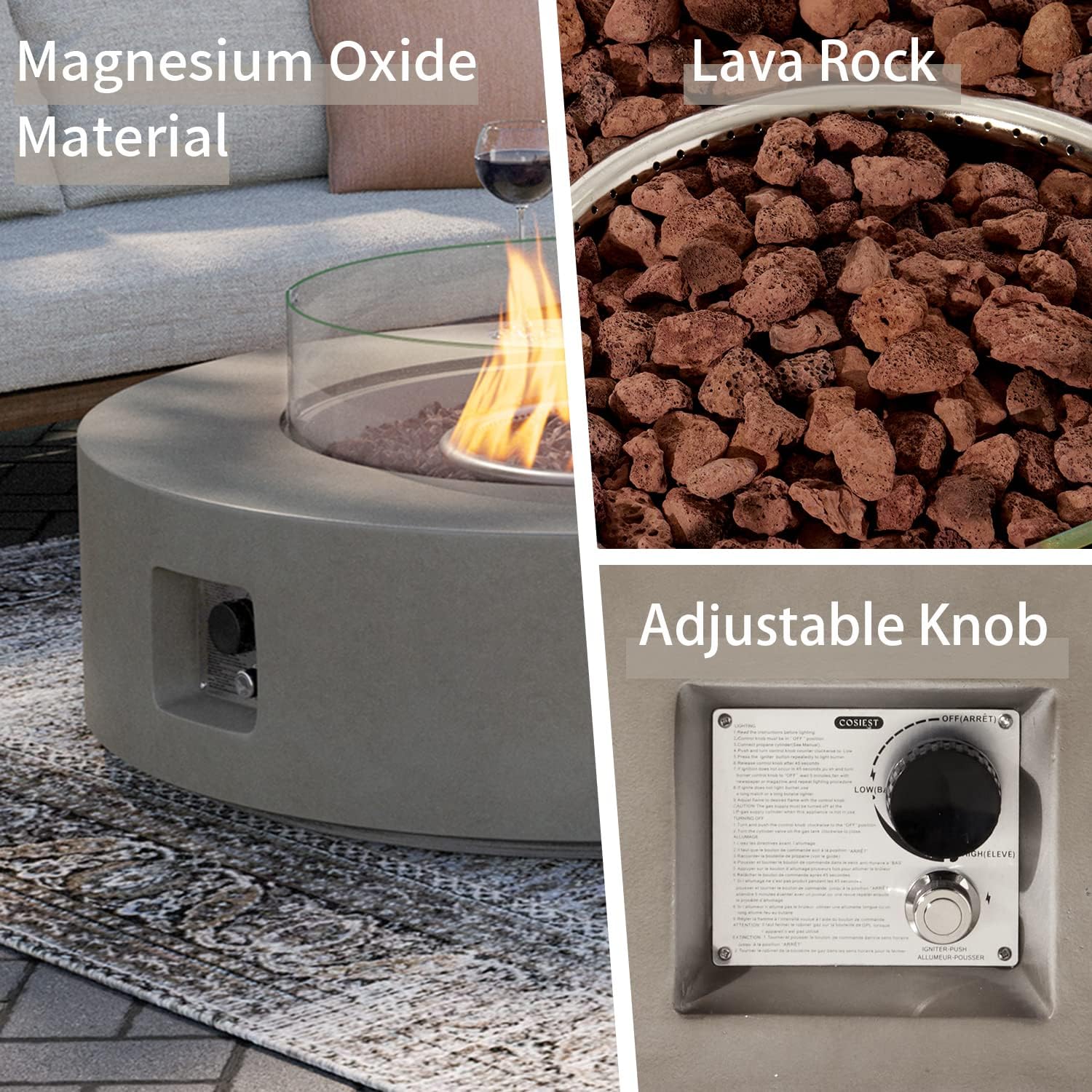 SUNBURY Outdoor Propane Burning Fire Pit, Circular Gray Patio Fire Table 50,000 BTU w Lava Rocks, Glass Wind Guard, Waterproof Cover
