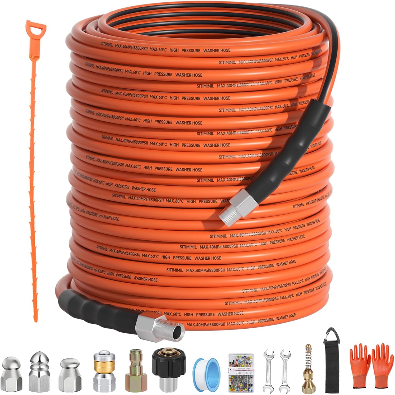 Sewer Jetter Kit for Pressure Washer 200FT,5800psi Drain Cleaner Hose 1/4 Inch Npt Corner, with 5 Sewer Jetting Nozzles Sealing Tape Pearl Corsage Pin Spanner Glove Drain Snake