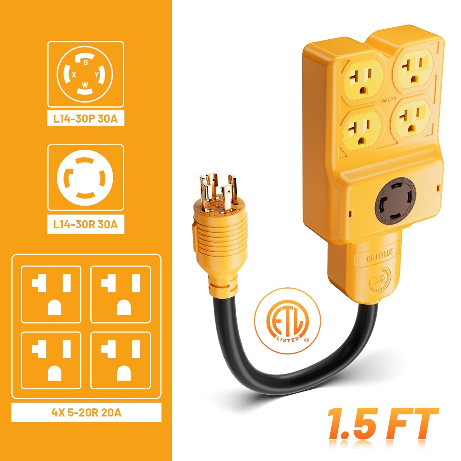 MECMO NEMA L14-30P to Four 5-20R/ 5-15R & L14-30R Generator Adapter Extension Cord and NEMA L14-30P to SS2-50R RV Marine Shore Power Generator Adapter ETL Listed 4 Prong Twist Lock Generator 30A Cord