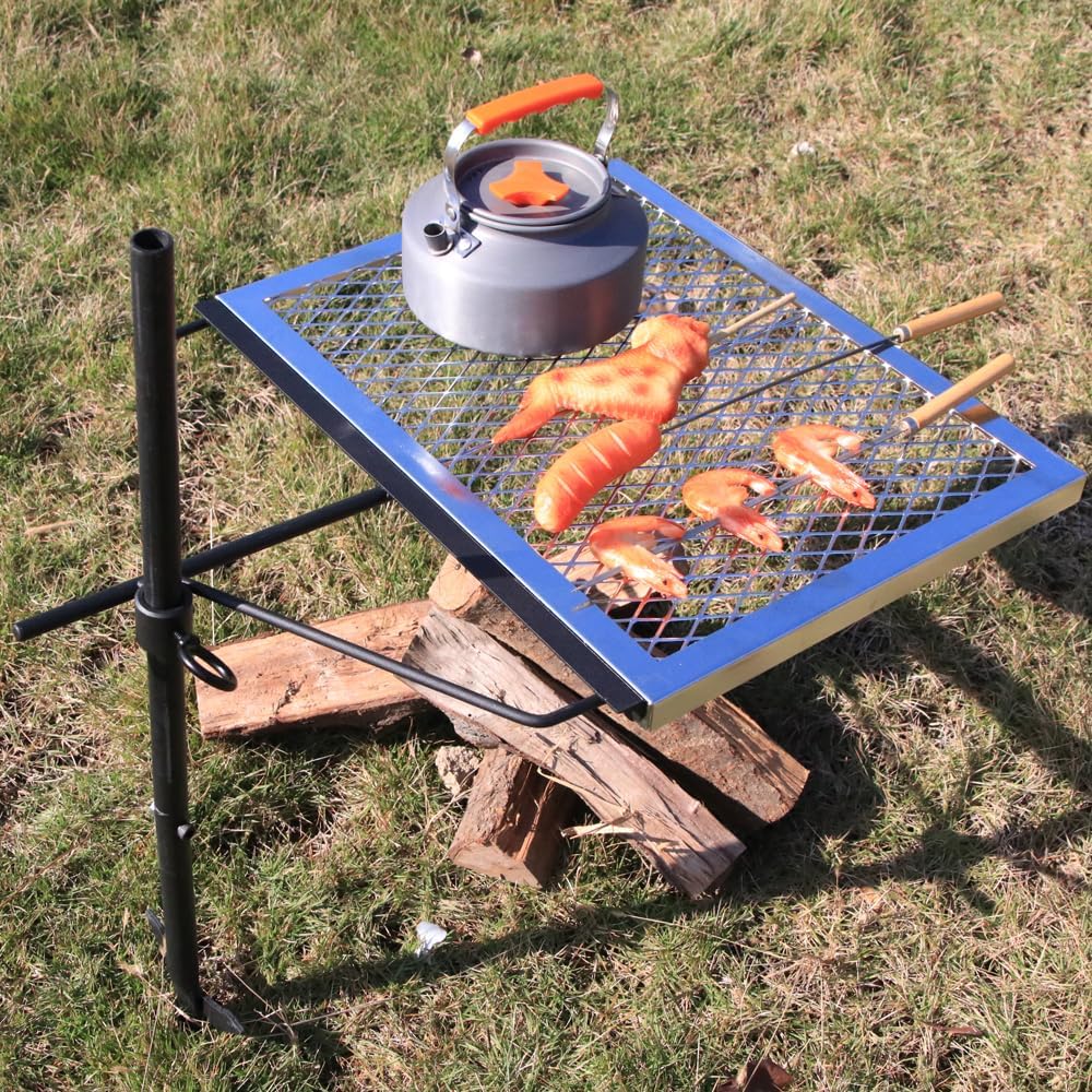 Open Fire Cooking Grill, Camping Cooking Tool Rotating Campfire Grill,Fire Pit Grill,Heavy Duty Steel Grill,Cooking Grill Stand, Multifunction Fire Pit Grill for Outdoor Barbecue Camping Garden Dinner