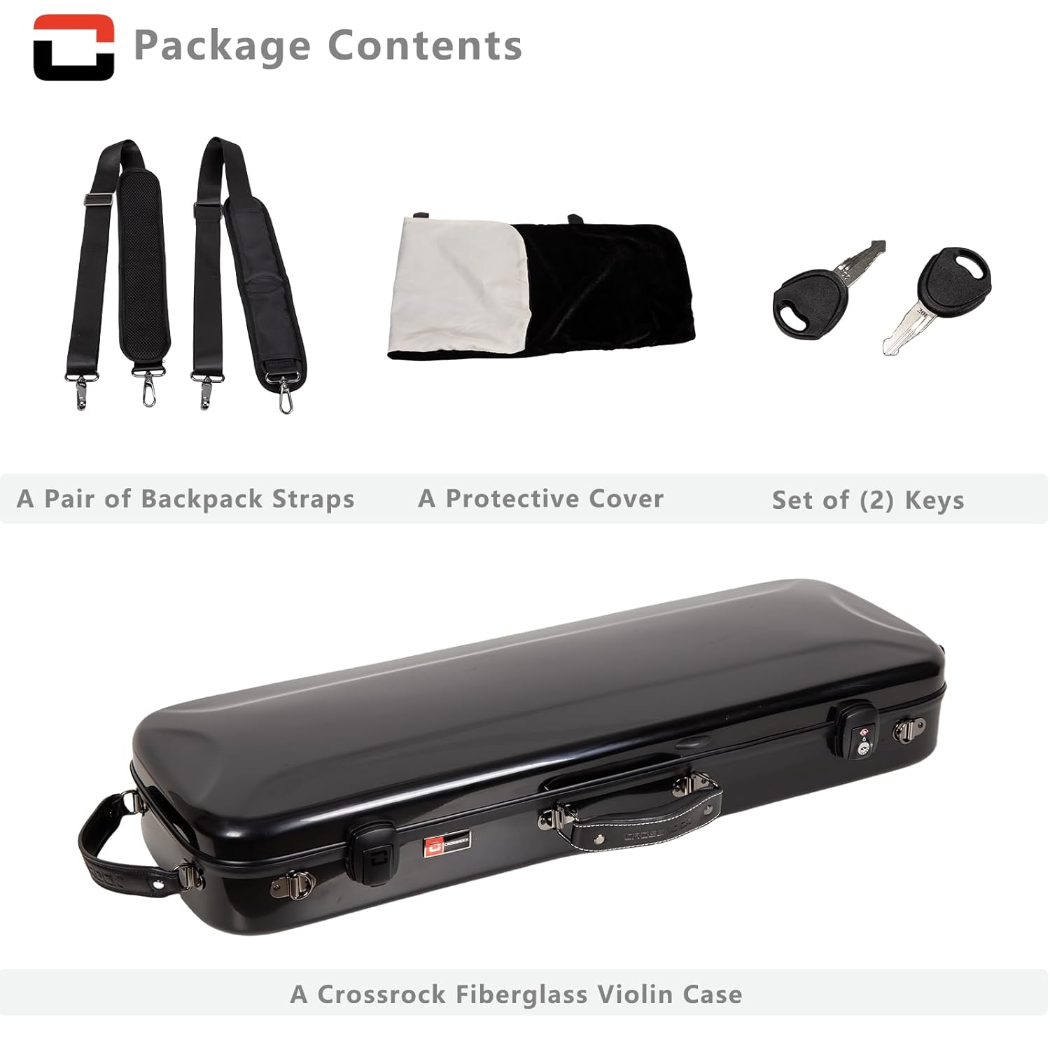 Crossrock Fiberglass Oblong Case fits 4/4 Full-Size Violin, Includes TSA lock, Protective Blanket, Hygrometer, Accessory Compartments-Black (CRF2020VBK-R)