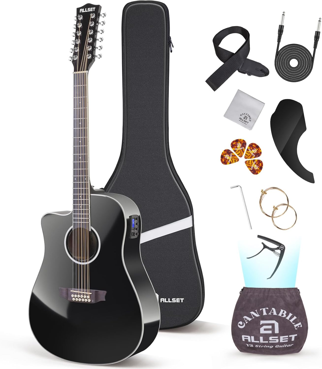 ALLSET Left Hand 12 String Guitar Acoustic Electric | Full Size Guitar with Cutaway, Spruce Top Guitarra Acustica, AUX Strap, Strings, Pick | Fingerstyle Kit for Live Performance | (Black)