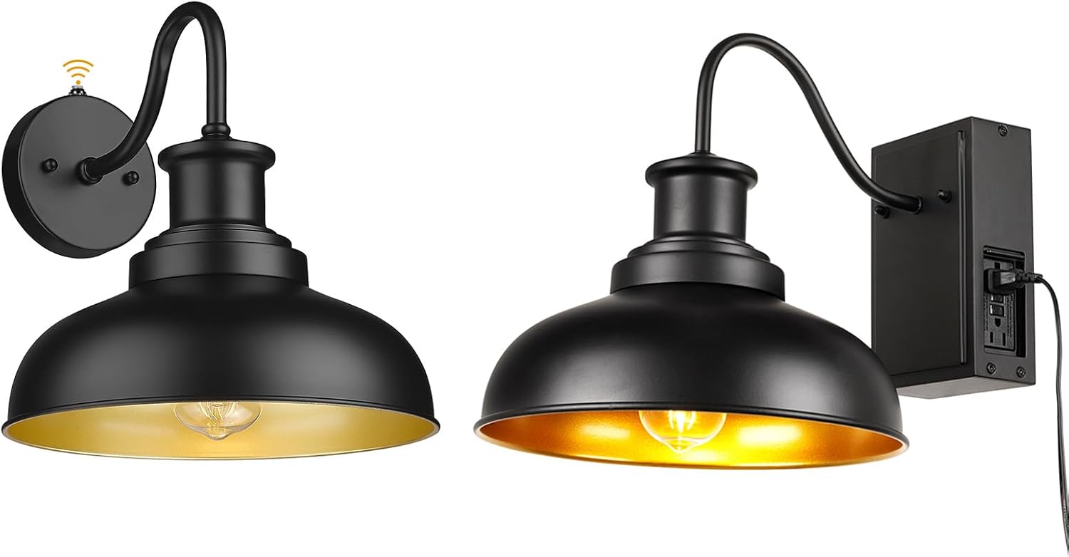 Dusk to Dawn Outdoor Gooseneck Barn Light Outdoor Wall Sconce Farmhouse Exterior Wall Light Vintage Wall Lighting Fixture, and Outdoor Gooseneck Barn Light with GFCI Outlet for Porch, Garage