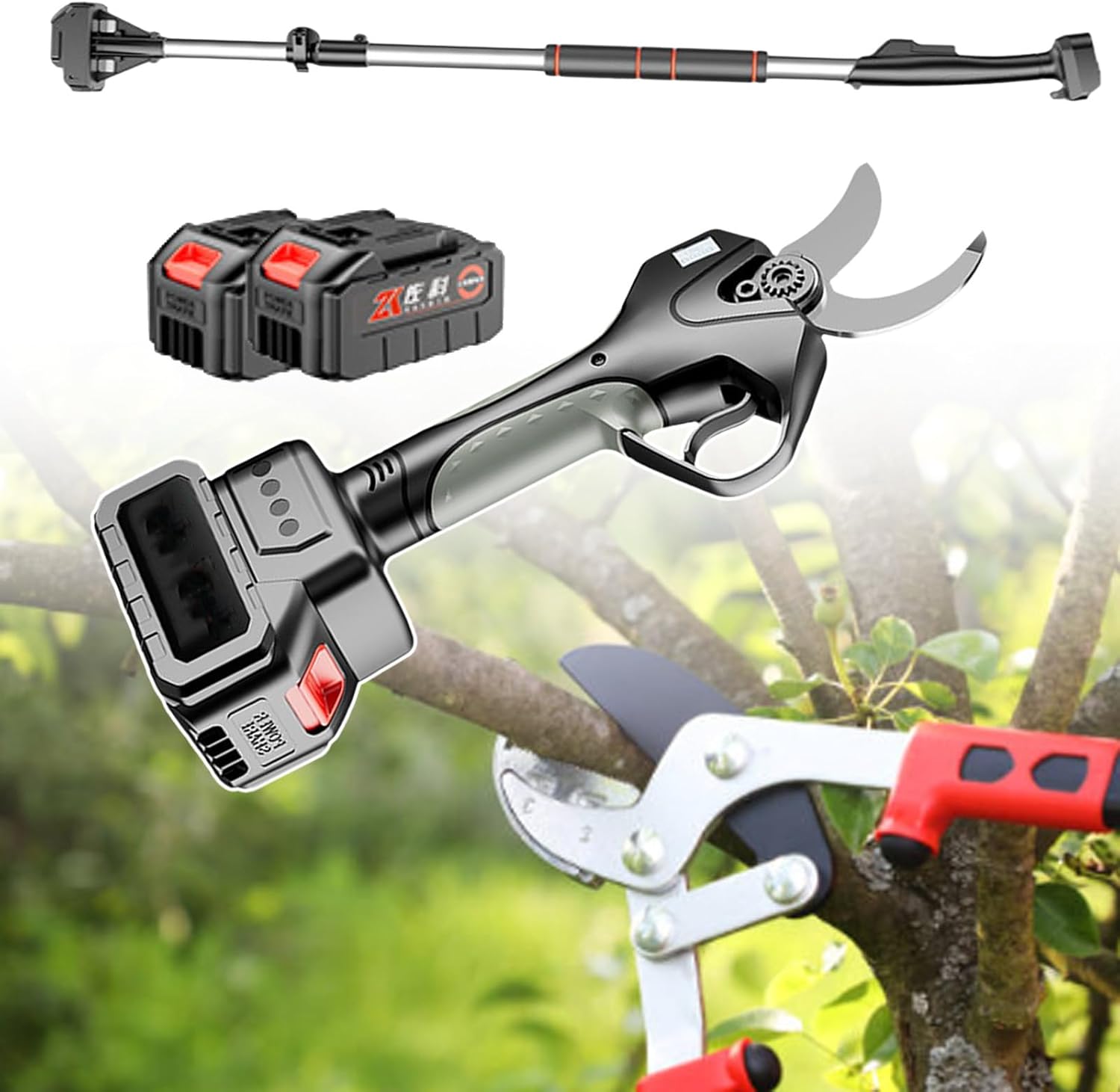 Electric Pruning Shears, 3'' Cutting Diameter Professional Cordless Electric Pruner For Tree Trimming Branch Cutter (7.1 Foot High Reach Extension Rod)