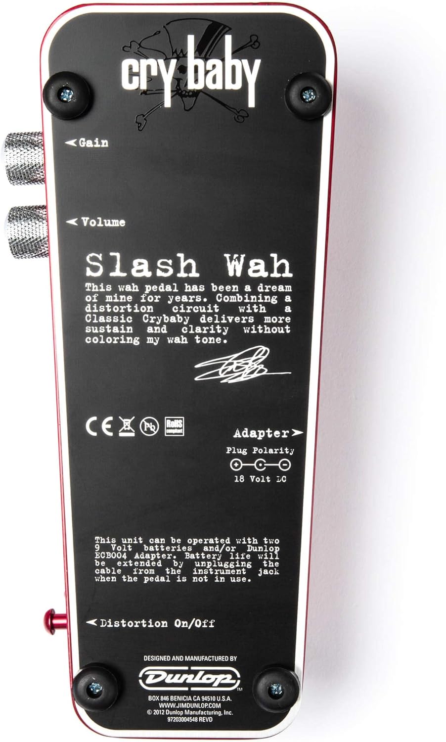 JIM DUNLOP SW95 Guitar Effects Pedal, Slash Cry Baby Wah, Distortion, Fasel-loaded Classic circuit, MultiColored, 9V