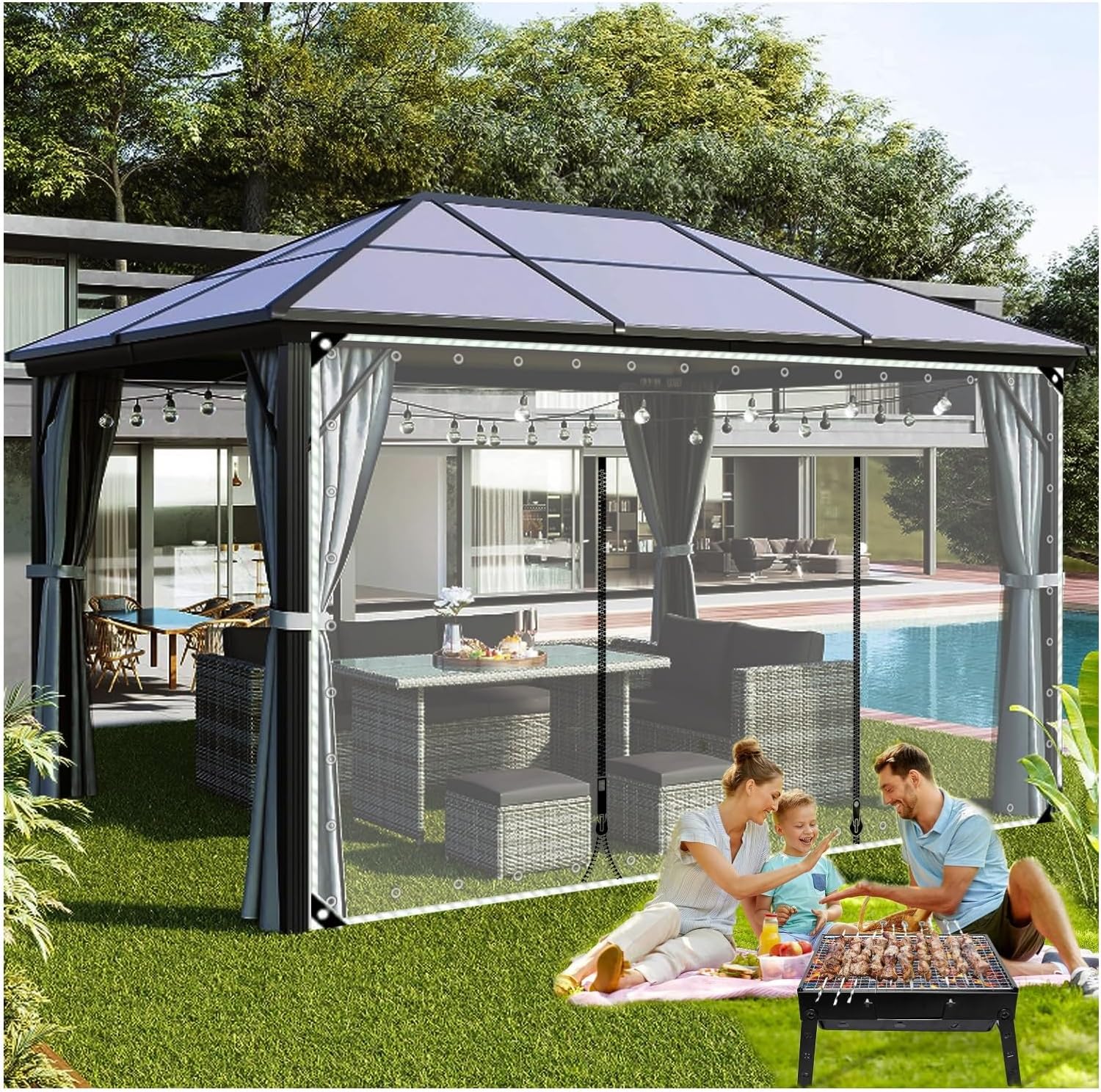 Clear PVC Tarp with Metal Grommet, Tear Resistant Waterproof 0.5mm, Deck Porch Patio Canopy Tarp, Tarp Curtain with Zipper, Gazebo Tarp Side Panel, Customizable(H3xL10m/H9.8xL32.8ft)