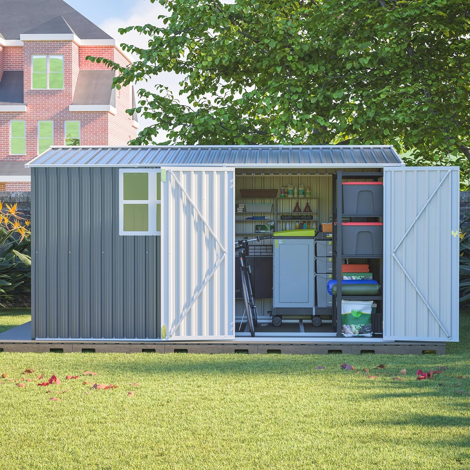 8x12 FT Metal Outdoor Storage Shed with Window & Reinforced Floor Frame, Lockable Double Doors, Weatherproof Steel Garden Tool Shed for Backyard, Lawn Equipment & Patio Organization