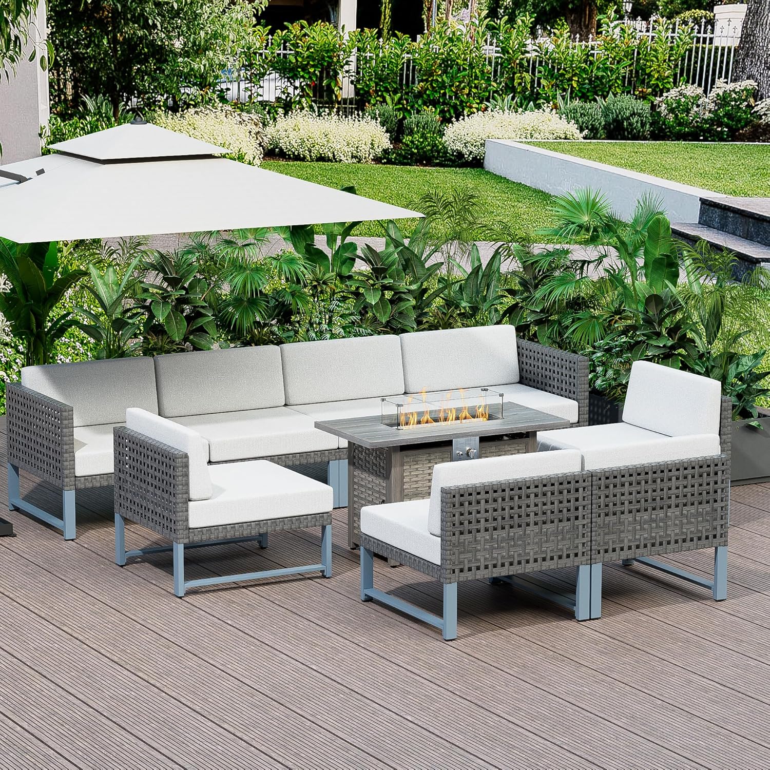 Patio Furniture Set 9Pcs Outdoor Furniture Sectional Couch Fire Pit Table Balcony Furniture Patio Table and Chairs Set with Propane Firepit (Black Wicker, 9pcs /Rectangular Fire Pit)