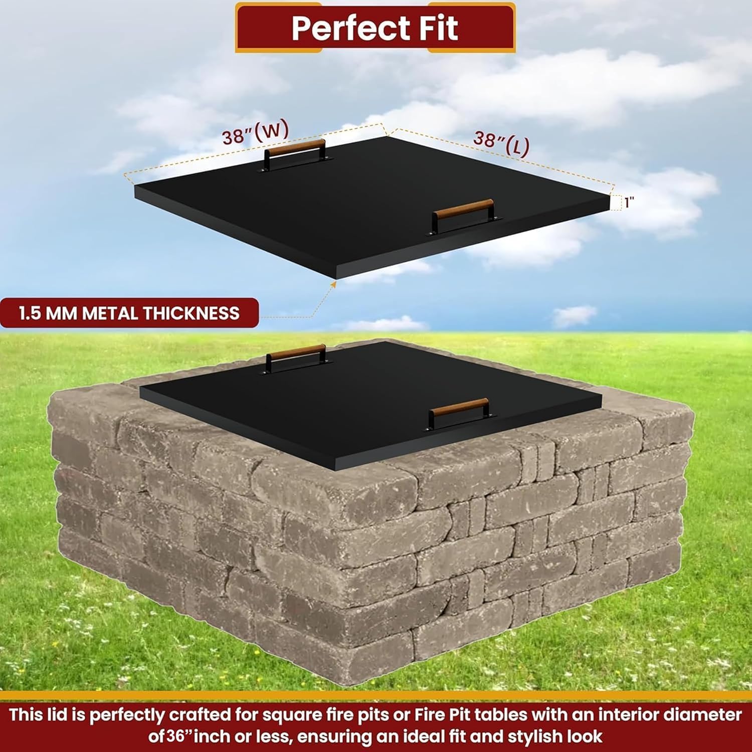 Febtech - 38 inch Square Fire Pit Lid Fit for 36