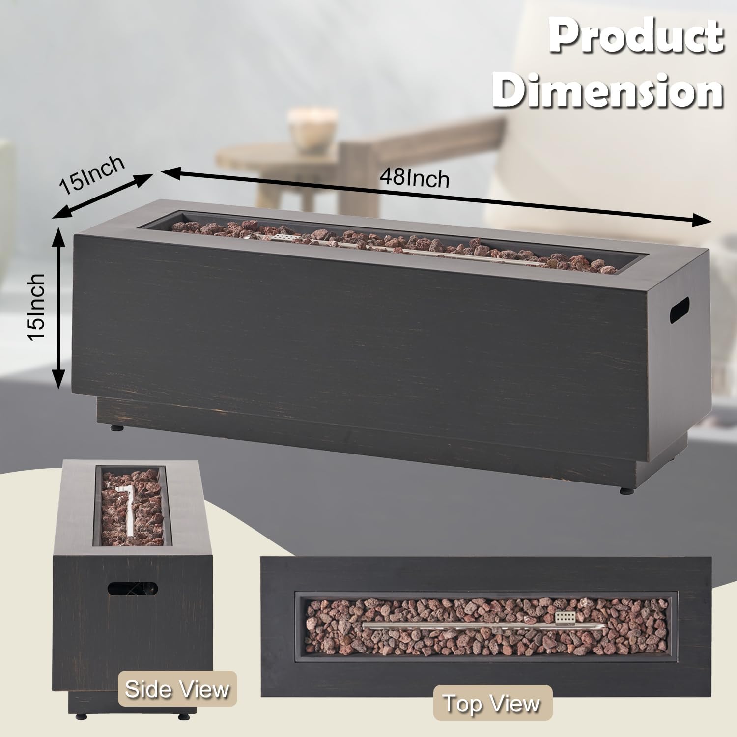 48“ Outdoor Propane Fire Pit, 50,000 BTU Rectangular Iron Gas Fire Pit, Modern Patio Firepit Table Waterproof Outside Metal Heater Fireplace for Deck Backyard Garden