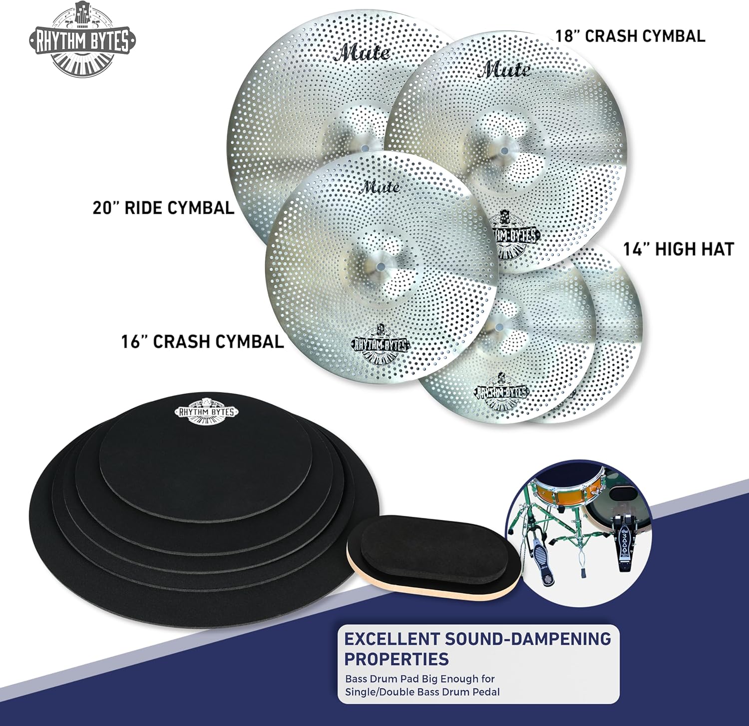 Rhythm Bytes Low Volume Cymbal Pack with Drum Silencer Pads, 13pcs, Cymbals Set - 14