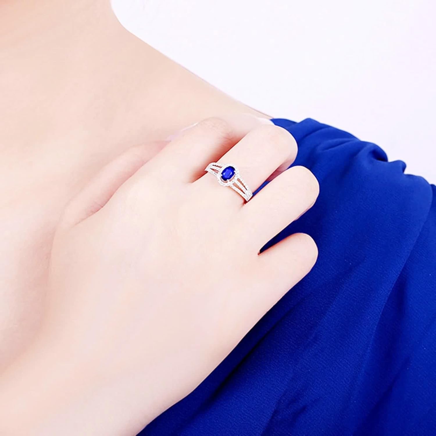 Wedding Rings for Women Halo, 18K White Gold Ring Band Oval Cut Blue Sapphire Micro Pave Diamond Comfort Fit