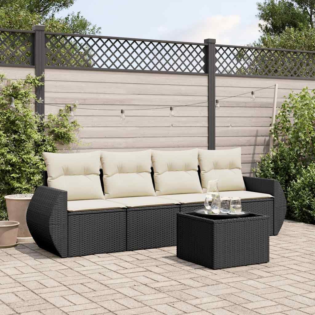 5-Piece Garden Sofa Set, Black Poly Rattan, Cream White Cushions, Modular Outdoor Patio Furniture for Balcony, Weather-Resistant Seating for 5 People