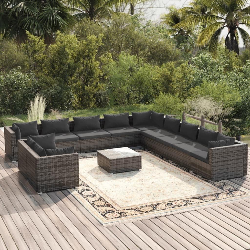 Furniture Sets 12 Piece Patio Lounge Set with Cushions Gray Poly Rattan,Poly Rattan Patio Lounge Set: Relax in Style and Comfort for Outdoor Leisure Time Garden Conversation Sets