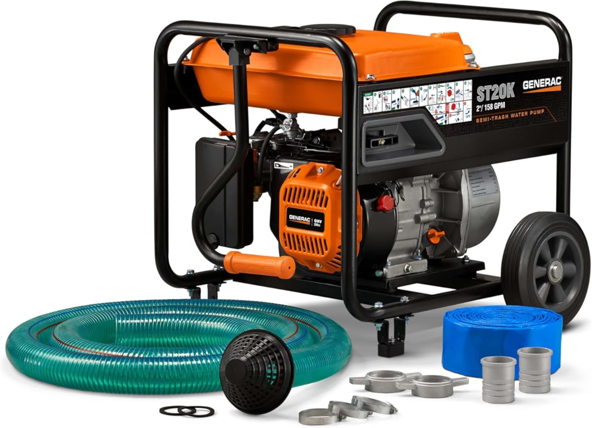 Generac 6822 Semi-Trash Water Pump - Powerful 5 HP Gas-Powered Pump for Efficient Water Removal, Ideal for Outdoor, Garden, and Pool Use, Includes Accessory Kit