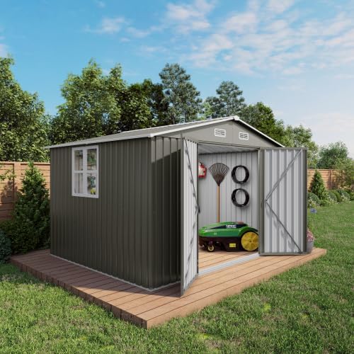 【LuckyNote】10 x 8 FT Outdoor Storage Shed, Large Metal Storage Shed, Lockable Door and Air Vent, Clear Window Garden Tool Shed for Bicycles, Tools, Lawnmowers, Backyards, Patios, Lawns- Gray,2 parcels