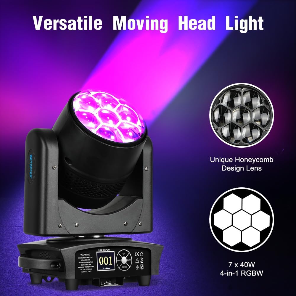 BETOPPER Moving Head Light 7x40W RGBW Beam/Wash/Zoom/CTO Effect Bee Eye LED Stage Lighting Spot Lights with Sound Activated for DJs, Bars, Christmas, and Home Party Lighting,2 Packs