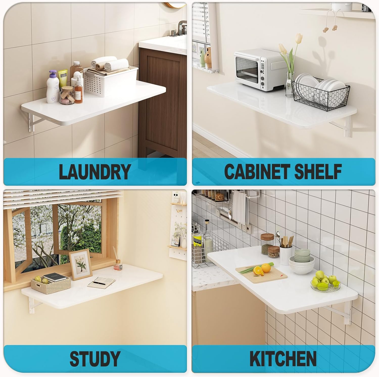 Wall Mounted Folding Table for Laundry Room Piano Baking Paint Waterproof, Wall Mount Table Fold Down Multi Size, Foldable Desk for Kitchens、Handicraft Production、Bars、Sewing Station（White）