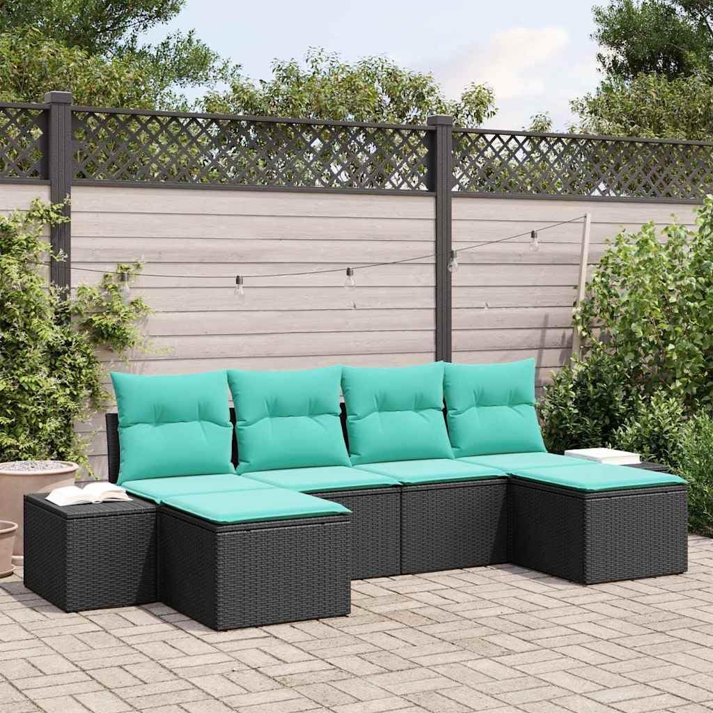 Garden Sofa Set, 4 Pcs Black and Turquoise Poly Rattan, Modular Outdoor Patio Furniture with Cushions, UV-Resistant, Weather-Resistant for Balcony, 1190 lb Max Weight