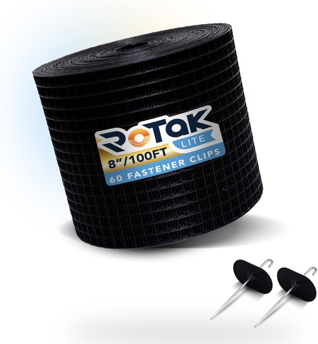 ROTAK Critter Guard - 8in x 100ft Solar Panel Bird Guard with Fastener Clips - Galvanized Black PVC Coated ½ inch Wire Roll Mesh (6