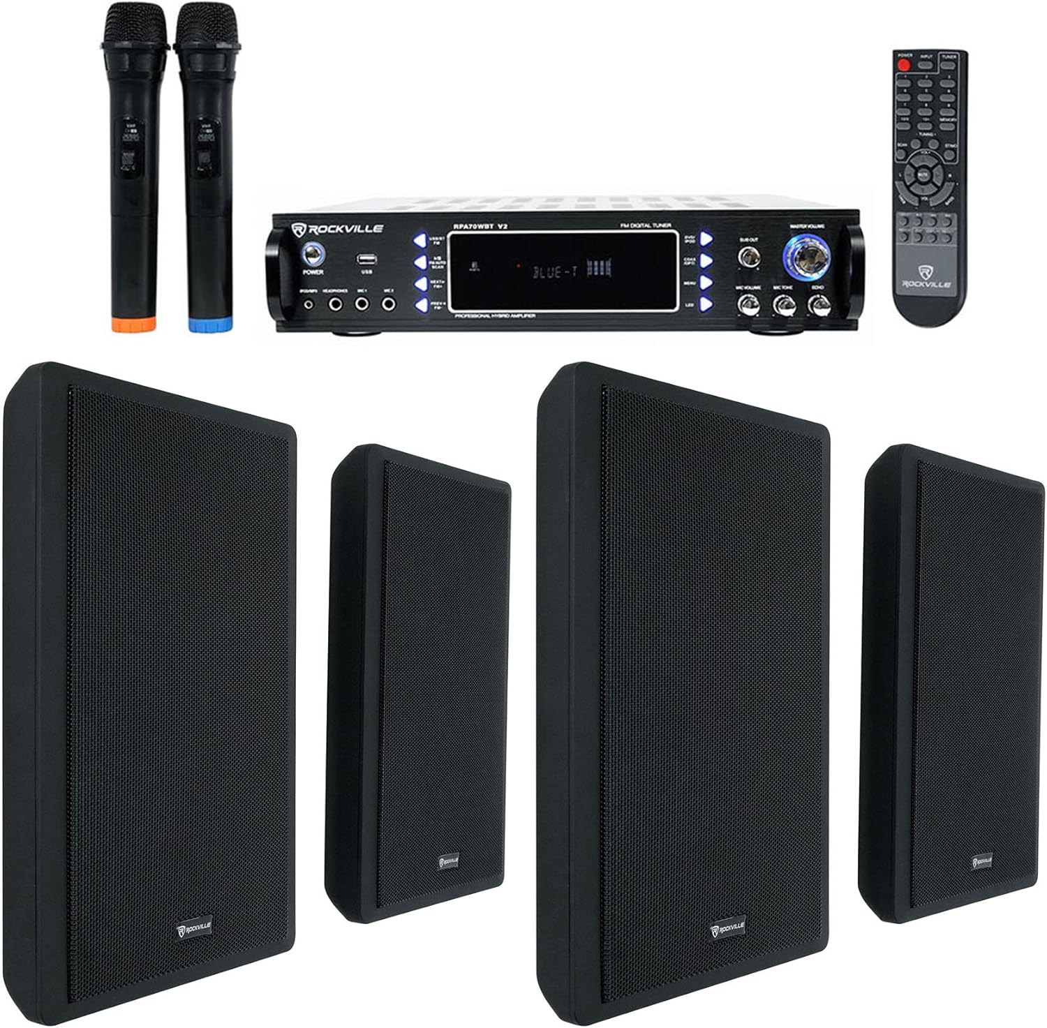 Rockville 1000W Bluetooth Receiver+(4) Wall Speakers+Mics 4 Restaurant/Bar/Cafe