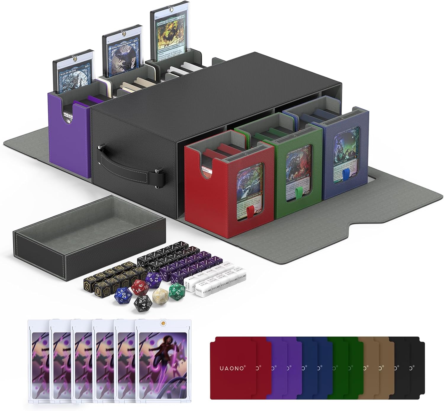 Commander Deck Box for MTG, 6-Deck Modular Card Case with Dice Tray Hold 600+ Double-sleeved Cards, Trading Cards Storage Box with MTG Dice 35PT Magnetic Card Holders, Multicolour Limited