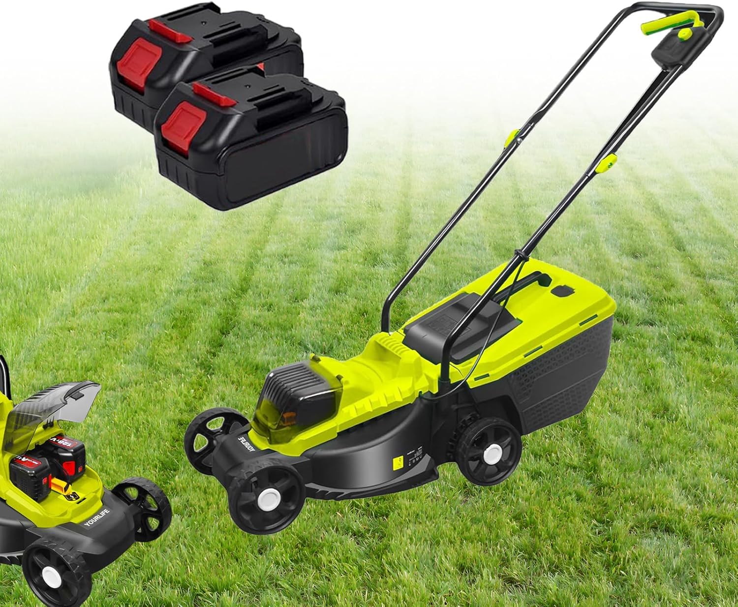 Lawn Mower Battery Powered, 1600W Ultra-Light Push Mower, Self Propelled Electric Lawn Mower, 45Min Runtime, 10.6 Gallon Grass Bag, 30mm/50mm/70mm-Position Height Adjustment,2 Batteries
