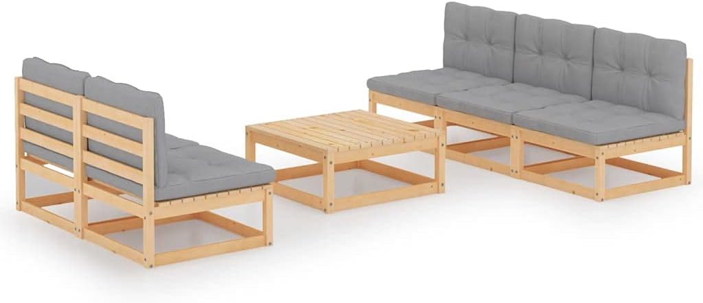 6 Piece Patio Lounge Set with Cushions Solid Wood Pine,Sturdy Outdoor Patio Conversation Set with Gray Cushions for Comfort and Style Outdoor Furniture Sets, Patio Furniture