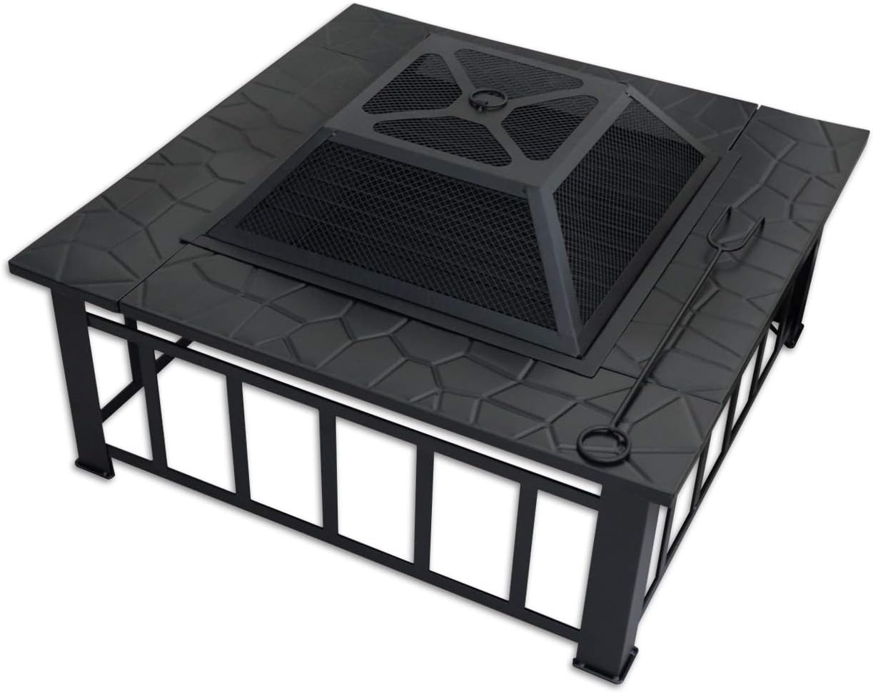 N/M Square Fire Pit Charcoal Grill for Outdoor Patio Wood Burning 32 inches