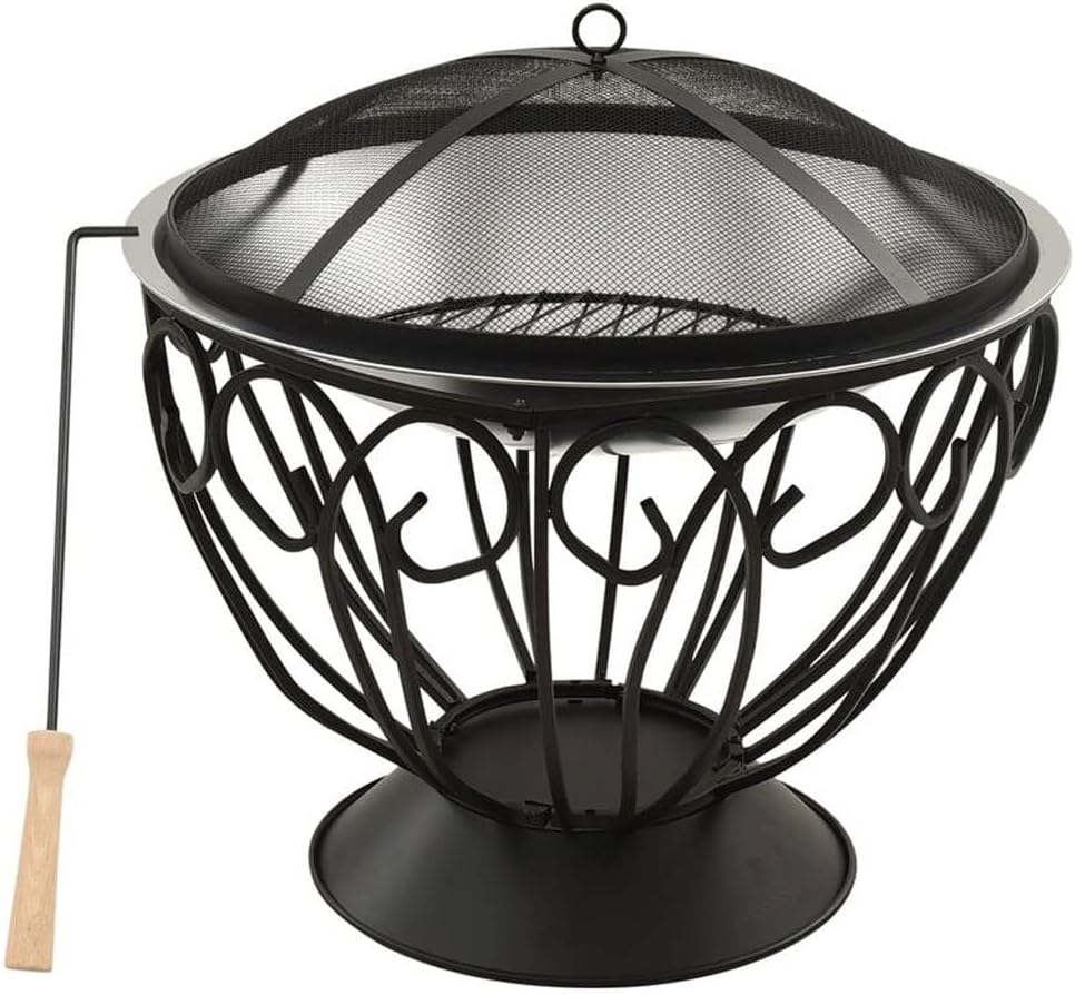 BBQ Grill Outdoor 22''fire Pit Outdoor Wood Burning Firepit Bbq Grill Steel Fire Bowl with Spark Screen Cover and Poker,for Camping Beach Backyard