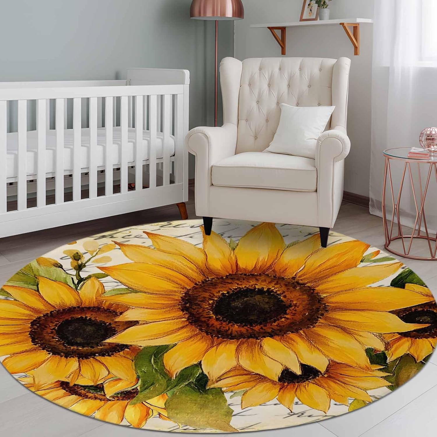 Round Area Rug,8ft Washable Circle Rugs Watercolor Sunflower Leaves Soft Non-Slip Carpet Indoor Floor Mat for Home Living Room Bedroom Office,Vintage Letter