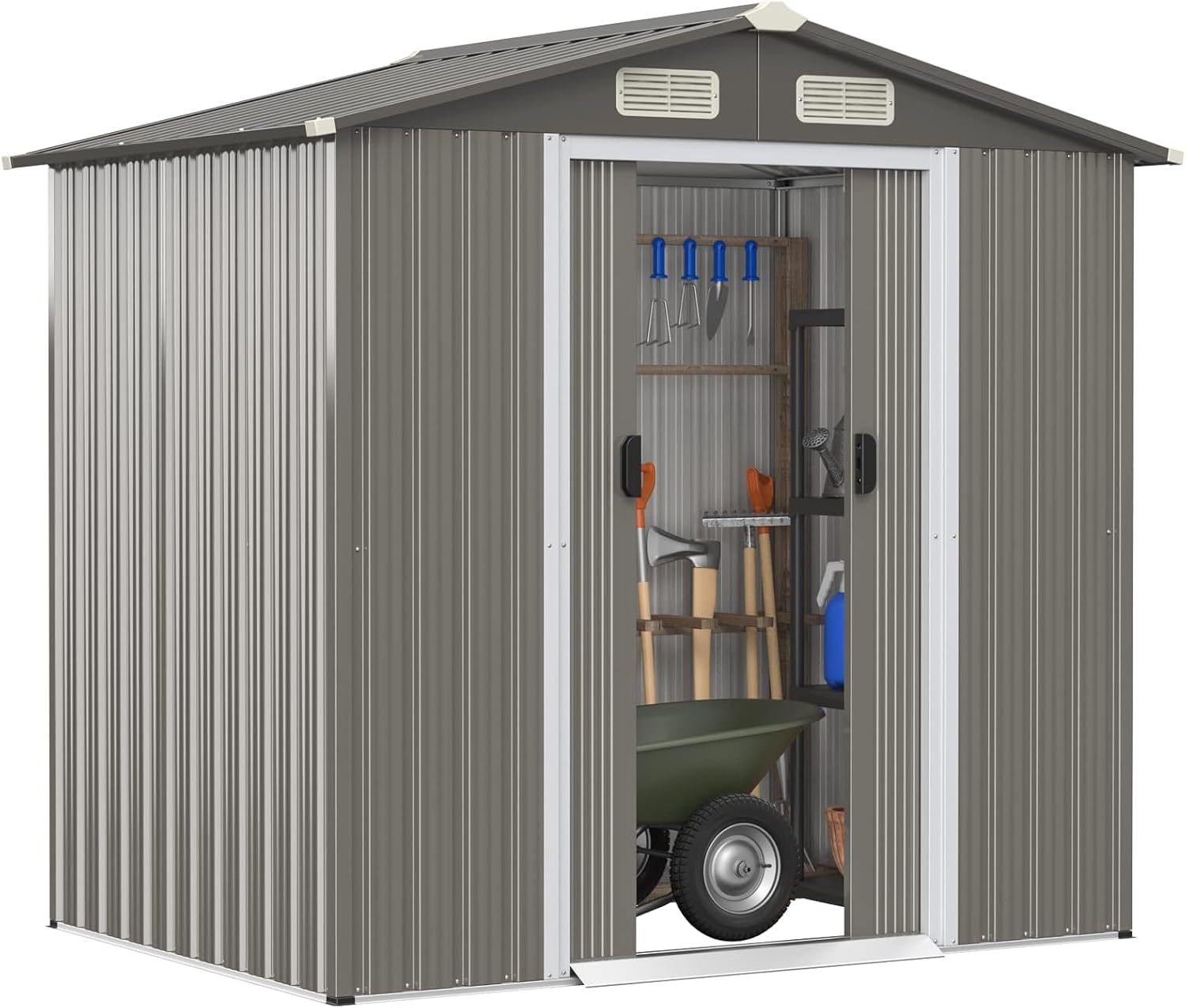HAPPYGRILL 6 x 4 ft Outdoor Metal Storage Shed, Galvanized Steel Shed with Tilted Roof, Lockable Sliding Doors & 4 Air Vents, Utility Shed for Backyard Garden Patio Lawn