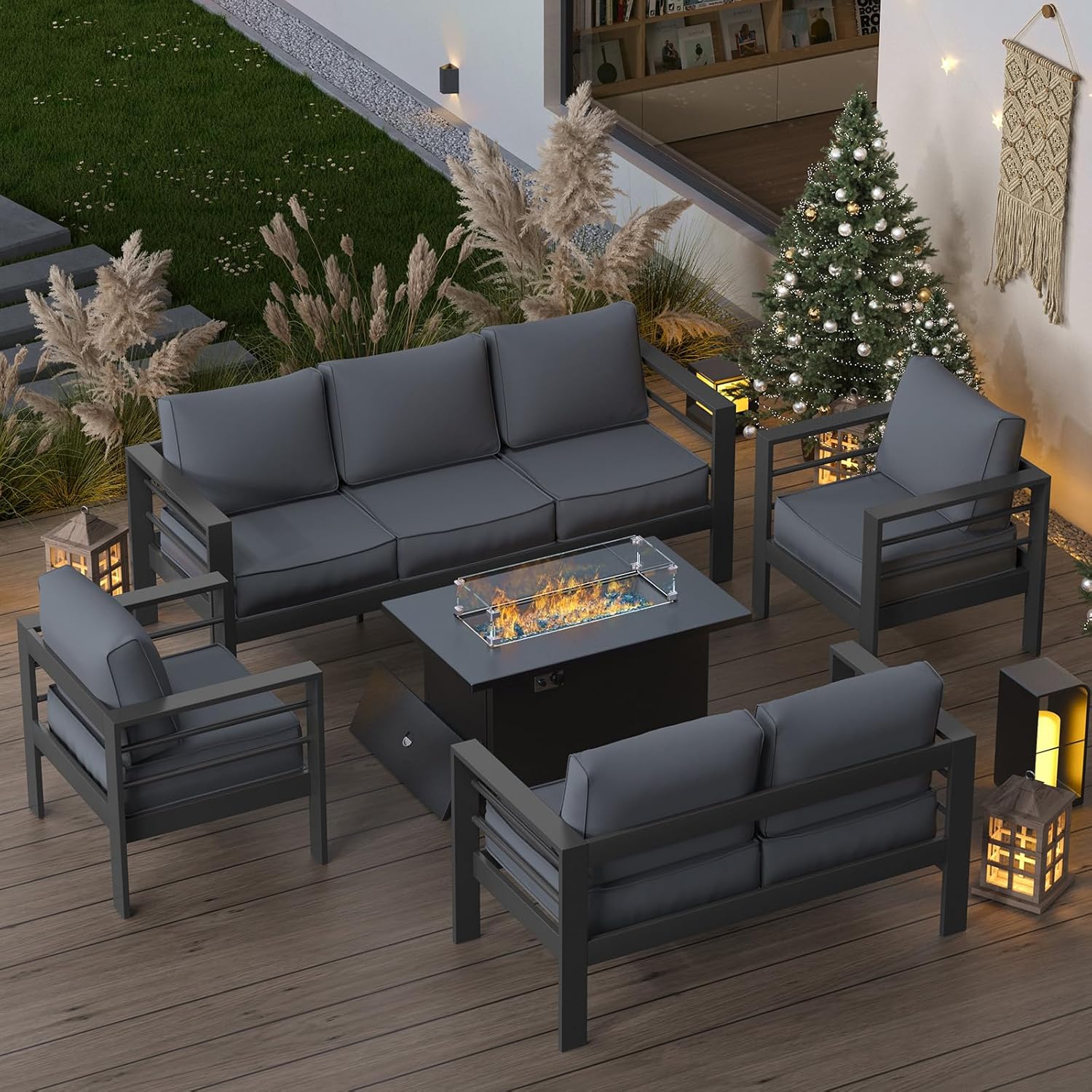 Patio Furniture Set with Fire Pit Table, Aluminum Patio Furniture Set,Grey Outdoor Metal Sectional Sofa with Aluminum Fire Pit Table for Garden Backyard (Include Waterproof Cover)