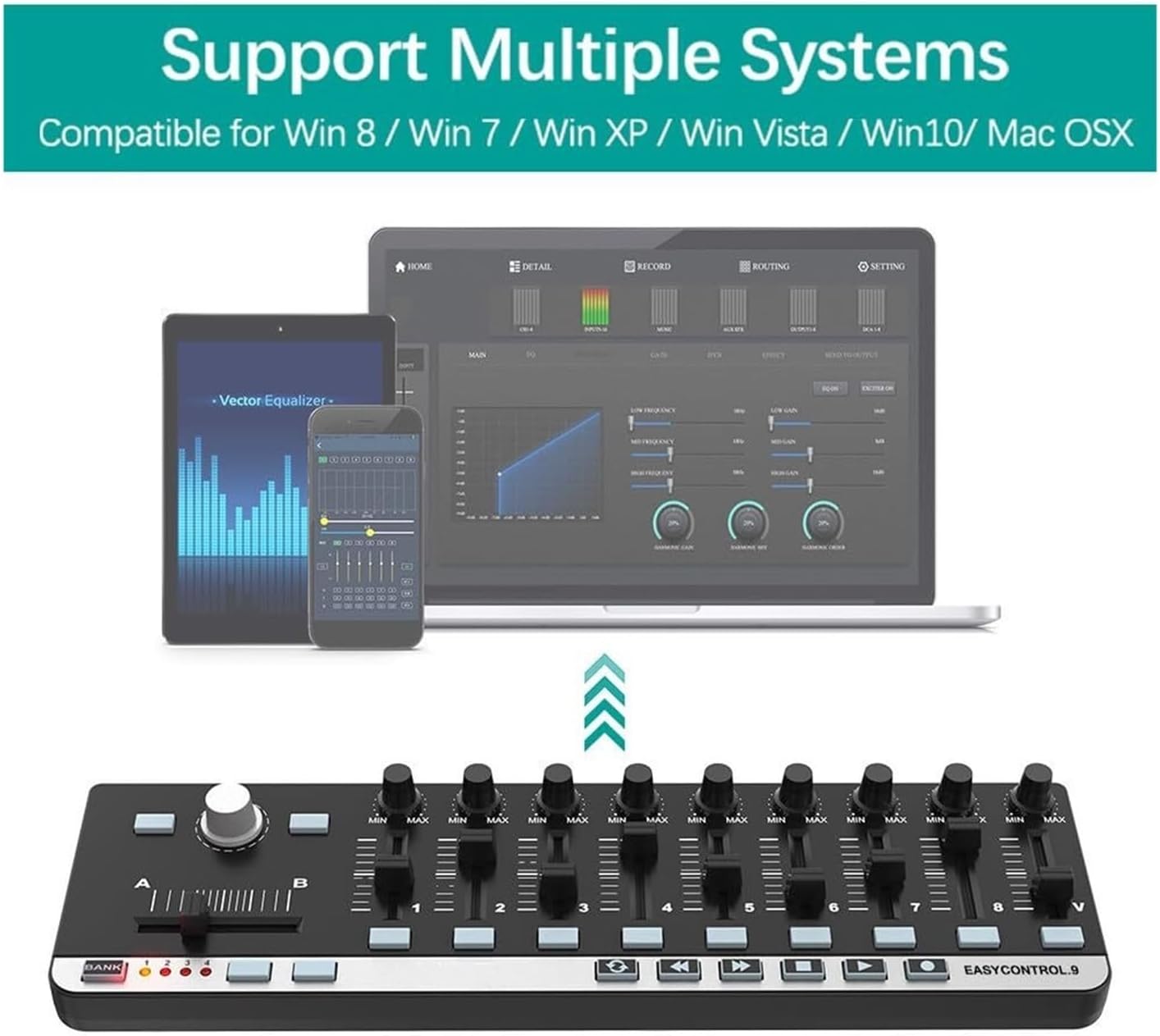 Portable Mini USB Slim-Line MIDI Controller with 9 Control Knobs, Plug-and-Play for Music Production Applicable to Ableton Live FL Studio Logic Pro
