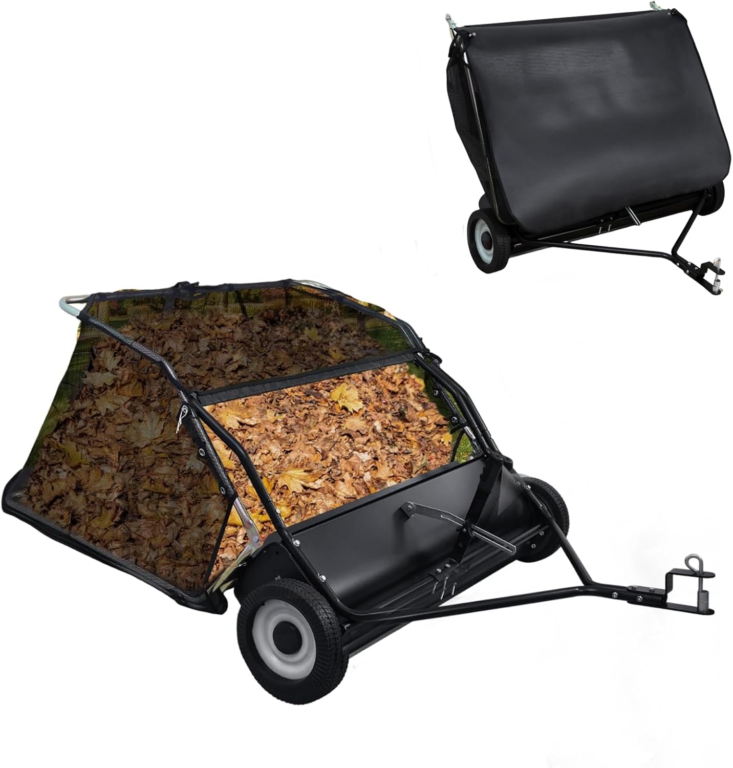 44 Inch Tow Behind Lawn Sweeper, Adjustable Sweeping Height, Large Capacity 25 Cu Ft Leaf and Grass Collector, Heavy Duty Yard Sweeper with Dumping Rope, Rubber Wheels, Easy to Store (Black)