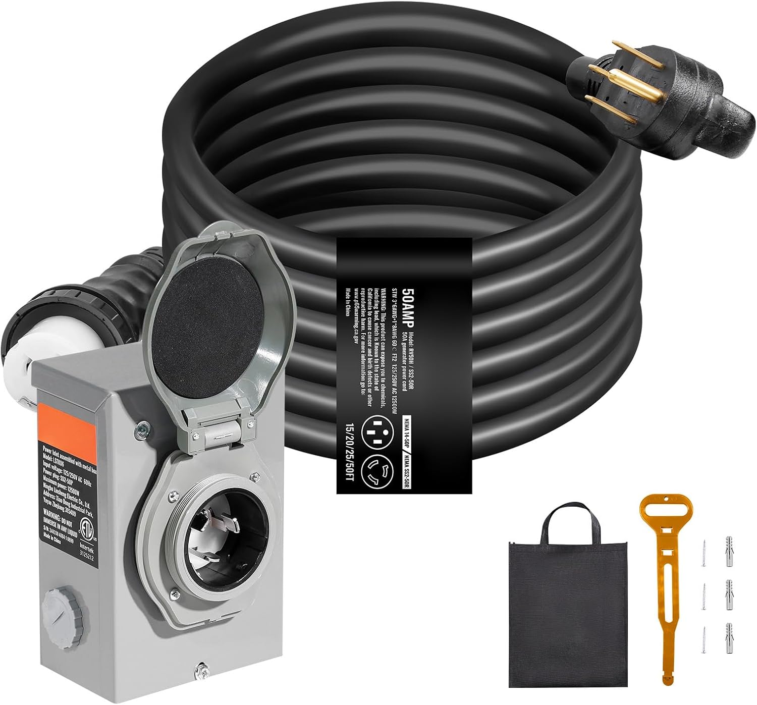 Happybuy Generator Cord & Power Inlet Box Kit 50 Amp, 25FT, NEMA 14-50P/SS2-50R, Twist Lock Connector, ETL Listed, Generator Power Cord for Home Use