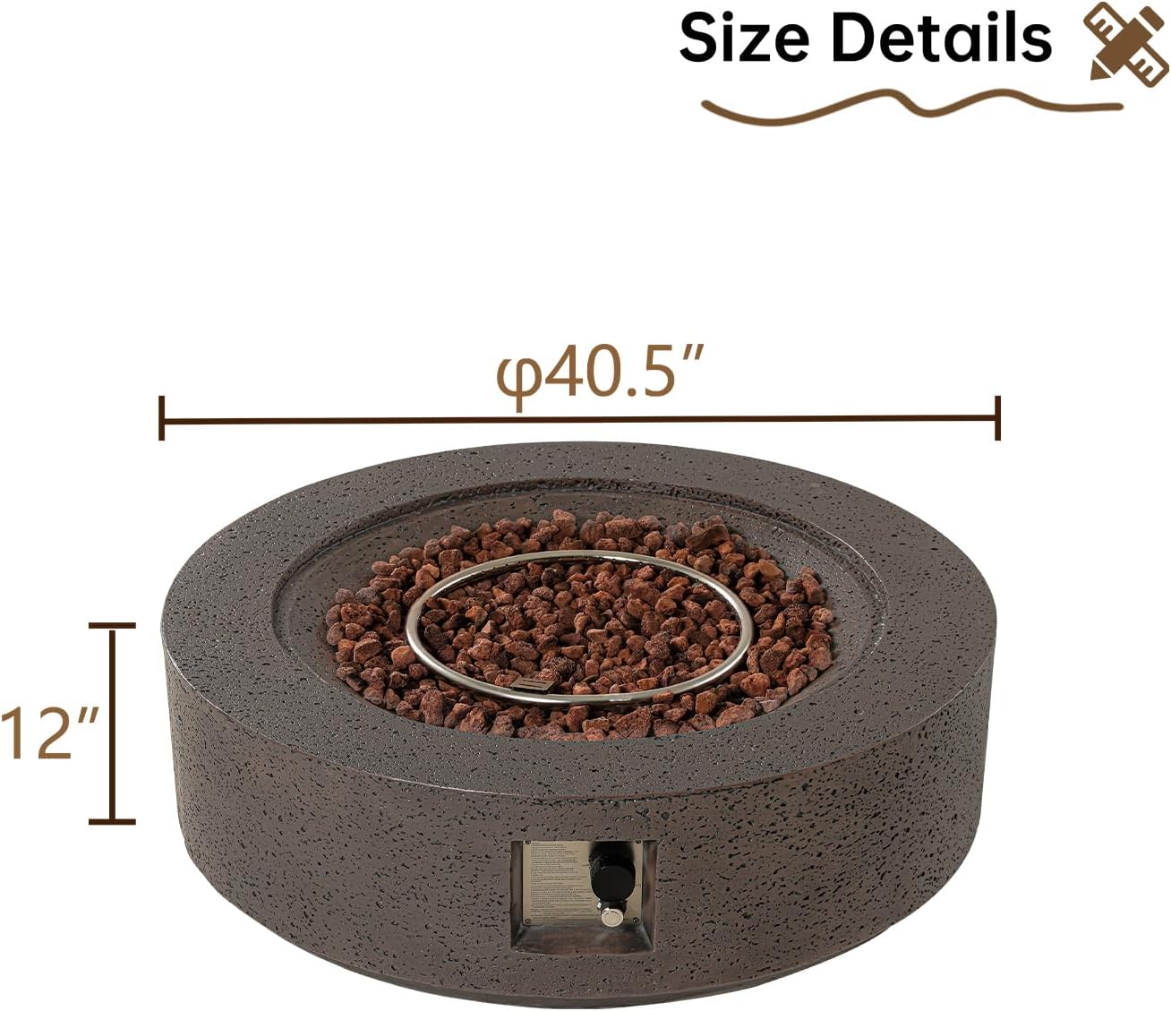 42 inches Round Propane Outdoor Fire Pit, Gas Patio Fire Table 50,000 BTU Concrete Travertine Design, Circular Base Firepit with Lava Rocks, Waterproof Cover (Brown)