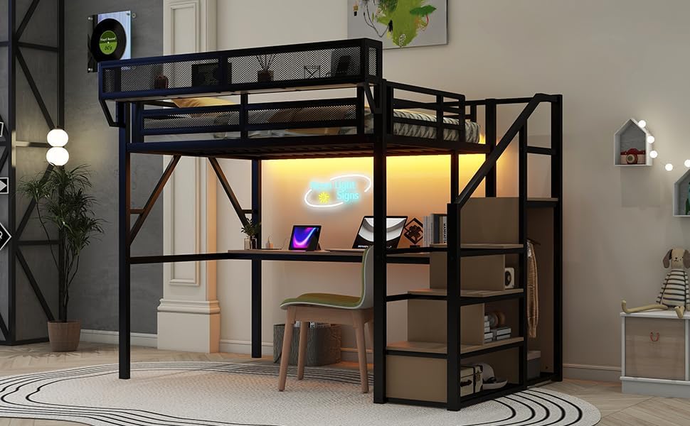 Full Size Metal Loft Bed (Black) - Patent Product | Desk+Charging Station (2 Outlets/2 USB), Staircase Storage+Wardrobe, RGB LED, Upper Mesh Shelf, 350LBS Capacity, No Box Spring