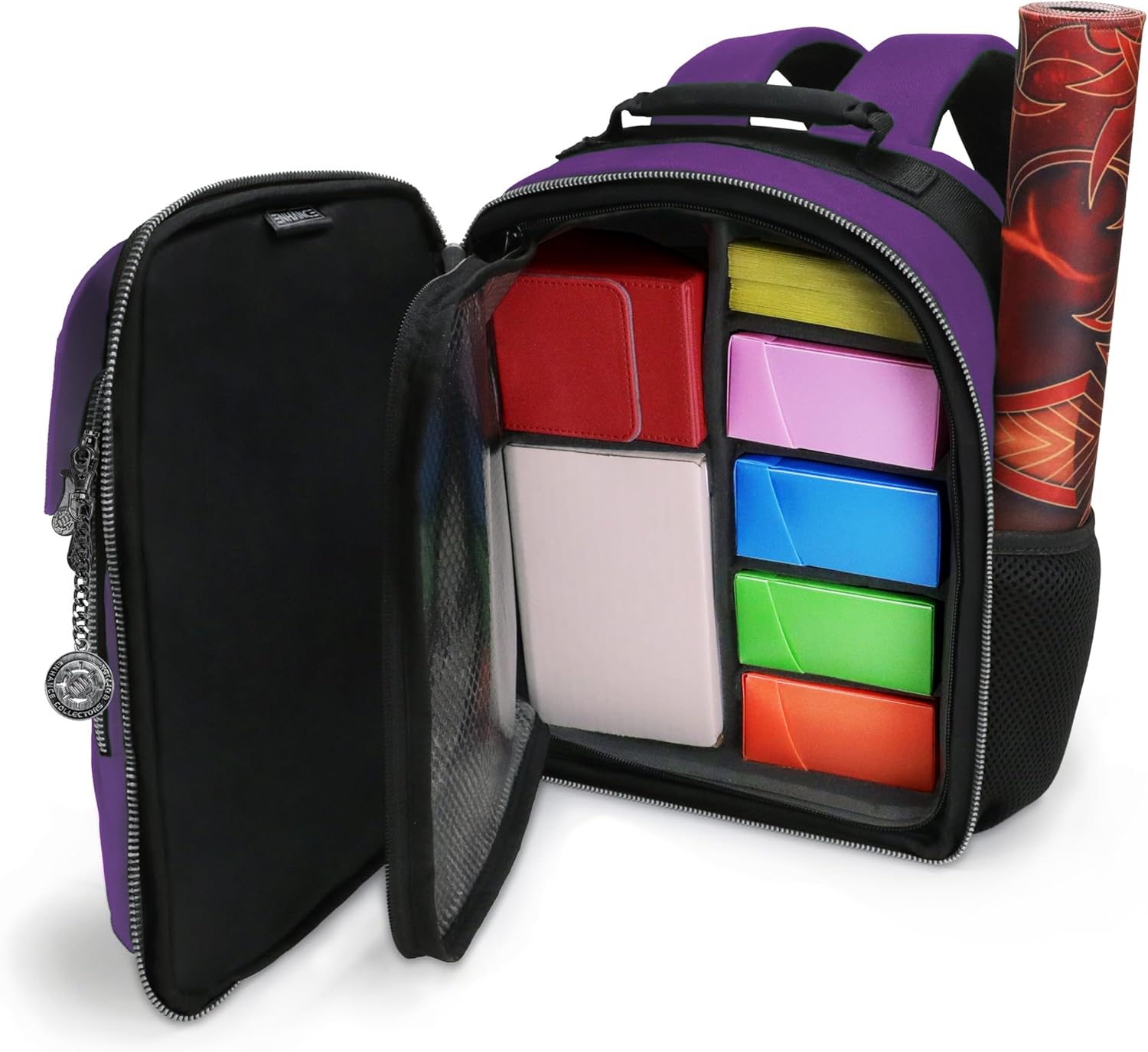 ENHANCE Collector's Edition Small Card Backpack - Card Defender Screen, Storage for Dice Bag, Deck Boxes - TCG Backpack with Playmat Holder, Compatible with Magic the Gathering & more (Dragon Purple)