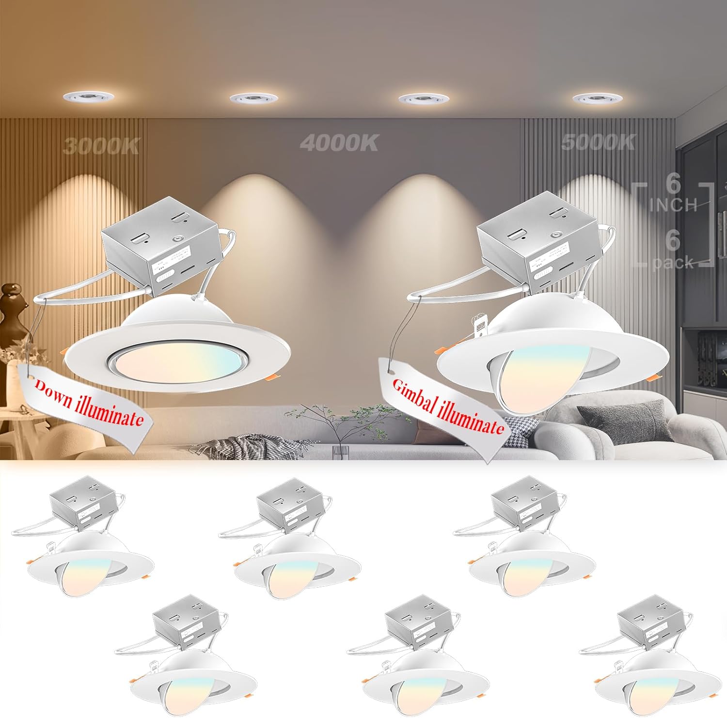 Lightdot 6 Pack 6 Inch LED Gimbal Recessed Lighting, 360°+90° Adjustable, 3CCT Selectable & Dimmable (5%-100%), 1300LM Ultra Bright Canless Downlight, ETL/FCC Certified for Living Room/Kitchen-White