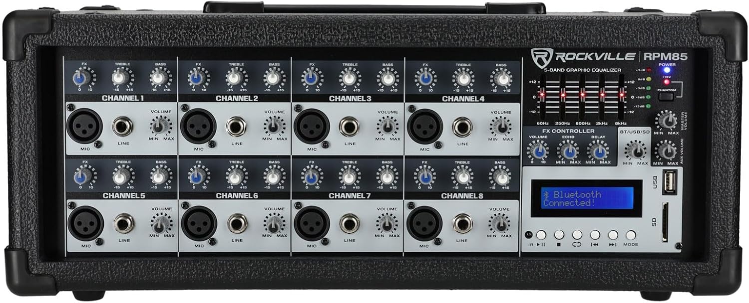 Rockville RPM85 2400W Powered 8 Channel Mixer, Bluetooth, USB/SD, 5 Band EQ, Adjustable Echo/Delay, +15V Phantom Power, for Live Music and Events