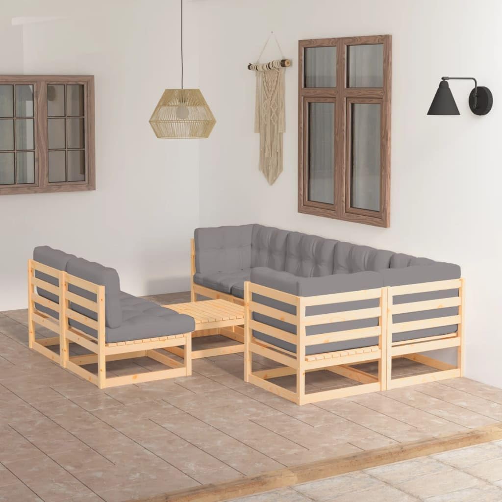 8 Piece Patio Lounge Set with Cushions Solid Wood Pine,Sturdy Pinewood Patio Lounge Set with Comfortable Gray Cushions for Outdoor Relaxation Patio Furniture Sets, Outdoor Furniture Sets